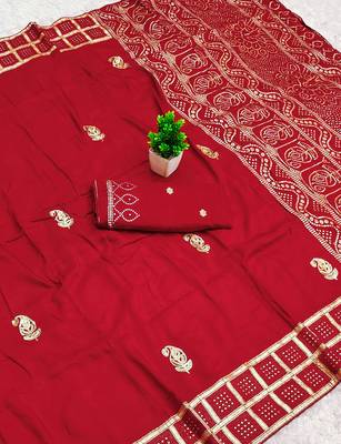 Red satin with zari embrodery work saree with unstitched blouse piece 2