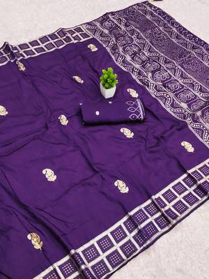 Purple satin with zari embrodery work saree with unstitched blouse piece 1