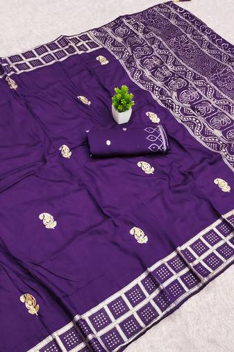 Purple satin with zari embrodery work saree with unstitched blouse piece