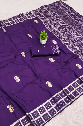 Purple satin with zari embrodery work saree with unstitched blouse piece