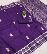 Purple satin with zari embrodery work saree with unstitched blouse piece