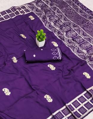 Purple satin with zari embrodery work saree with unstitched blouse piece 2