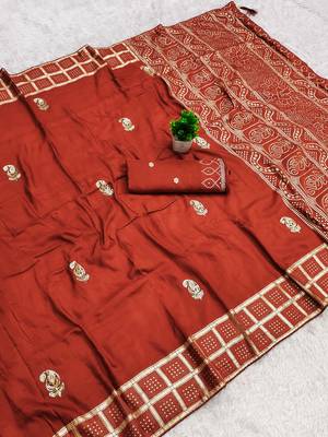 Rust satin with zari embrodery work saree with unstitched blouse piece 1