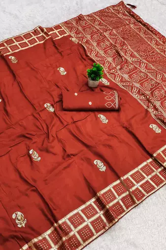 Rust satin with zari embrodery work saree with unstitched blouse piece