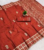 Rust satin with zari embrodery work saree with unstitched blouse piece