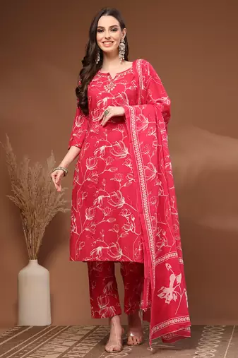 Pink floral printed cotton stitched kurta set with palazzo & dupatta for women