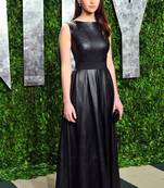 Genuine black leather maxi dress waist belted flaire dress