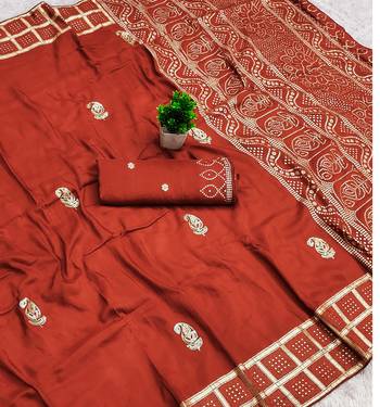 Rust satin with zari embrodery work saree with unstitched blouse piece 2