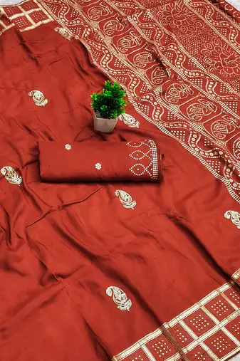 Rust satin with zari embrodery work saree with unstitched blouse piece
