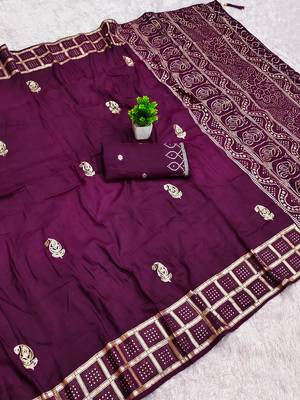 Wine satin with zari embrodery work saree with unstitched blouse piece 1