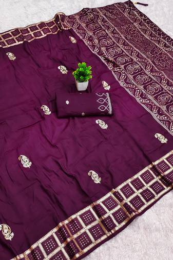 Wine satin with zari embrodery work saree with unstitched blouse piece
