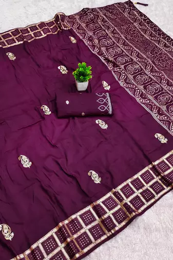 Wine satin with zari embrodery work saree with unstitched blouse piece