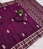 Wine satin with zari embrodery work saree with unstitched blouse piece