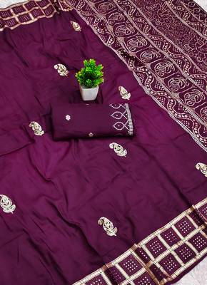 Wine satin with zari embrodery work saree with unstitched blouse piece 2