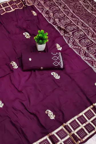 Wine satin with zari embrodery work saree with unstitched blouse piece