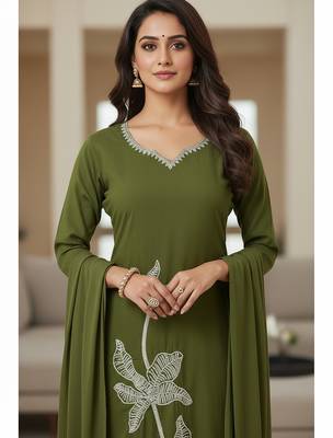 Olive floral printed cotton stitched kurta set with palazzo & dupatta for women 5