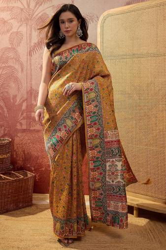 Mustard viscose silk position print saree with contrast blouse piece