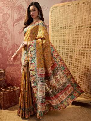 Mustard viscose silk position print saree with contrast blouse piece 2