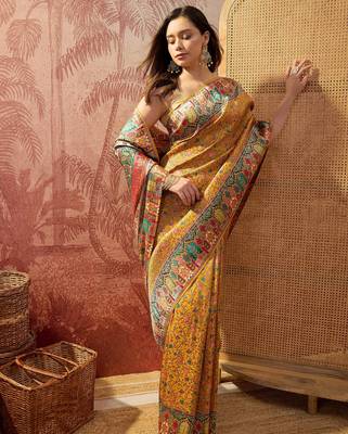 Mustard viscose silk position print saree with contrast blouse piece 3