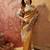 Mustard viscose silk position print saree with contrast blouse piece
