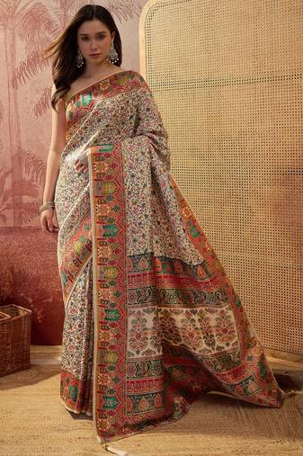 Off white viscose silk position print saree with contrast blouse piece