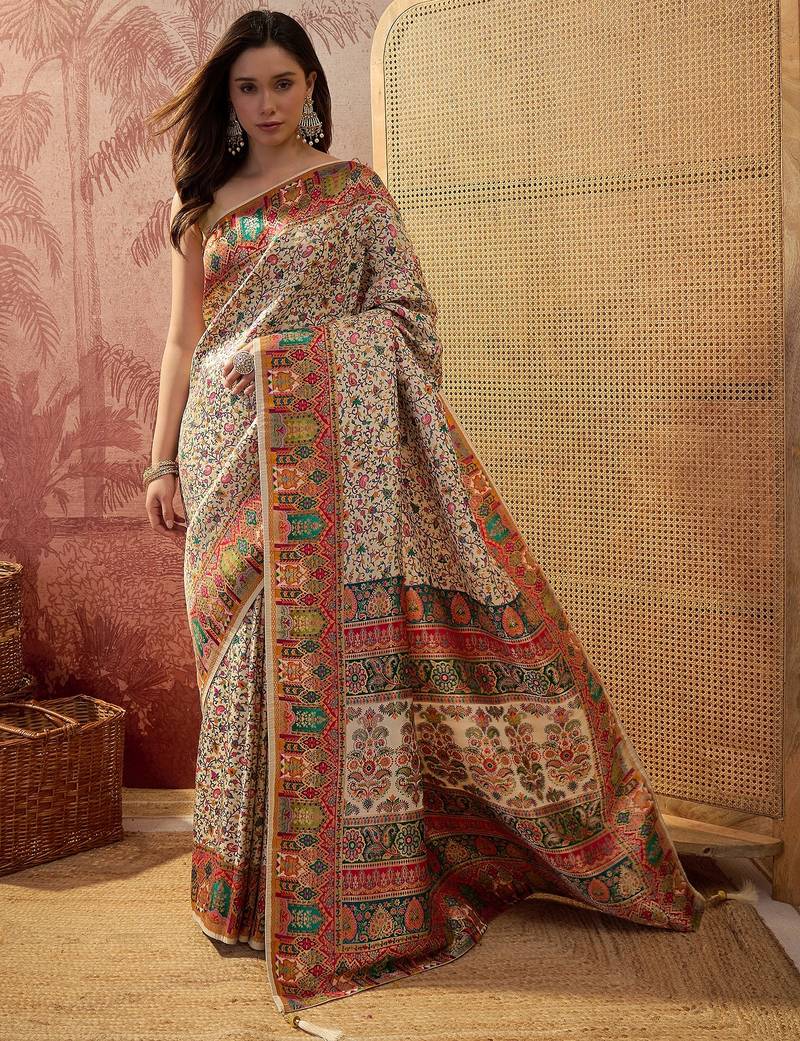 Off white viscose silk position print saree with contrast blouse piece