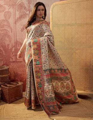 Off white viscose silk position print saree with contrast blouse piece 2
