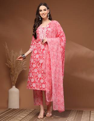 Red floral printed cotton stitched kurta set with palazzo & dupatta for women 5