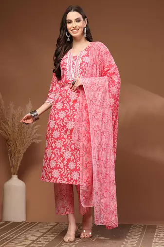 Red floral printed cotton stitched kurta set with palazzo & dupatta for women
