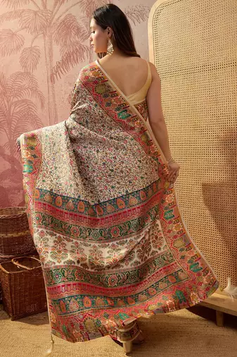 Off white viscose silk position print saree with contrast blouse piece