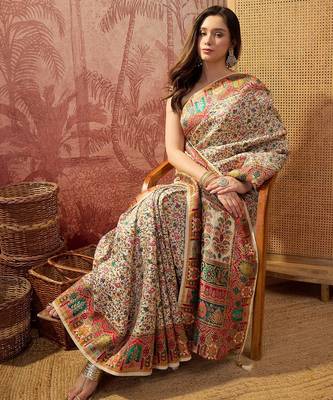 Off white viscose silk position print saree with contrast blouse piece 5