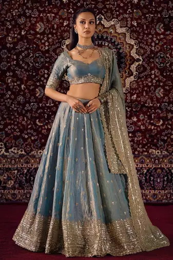 Women's Greyish Blue Fandy Silk Zari Sequence Embroidery Work Lehenga Choli