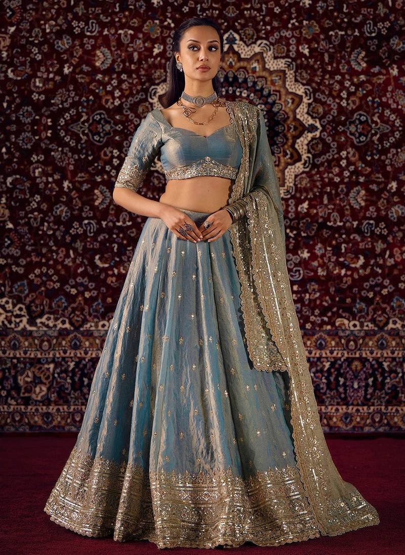 Women's Greyish Blue Fandy Silk Zari Sequence Embroidery Work Lehenga Choli