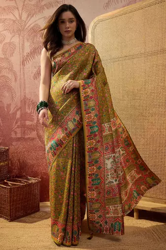 Green viscose silk position print saree with contrast blouse piece