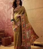 Green viscose silk position print saree with contrast blouse piece