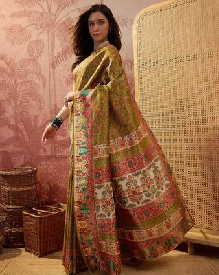 Green viscose silk position print saree with contrast blouse piece 2