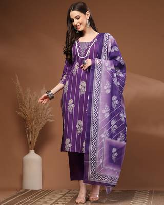 Purple floral printed cotton stitched kurta set with palazzo & dupatta for women 5