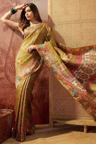 Green viscose silk position print saree with contrast blouse piece