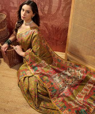 Green viscose silk position print saree with contrast blouse piece 5