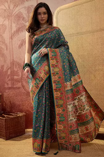 Teal viscose silk position print saree with contrast blouse piece