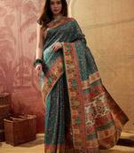Teal viscose silk position print saree with contrast blouse piece
