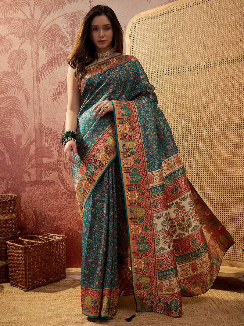 Teal viscose silk position print saree with contrast blouse piece