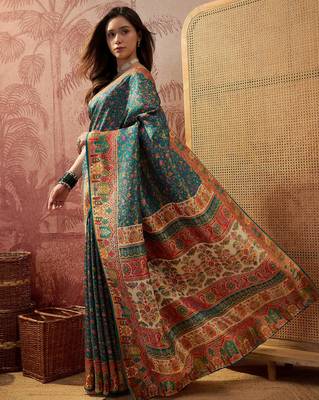 Teal viscose silk position print saree with contrast blouse piece 2