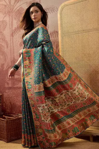 Teal viscose silk position print saree with contrast blouse piece