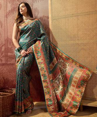 Teal viscose silk position print saree with contrast blouse piece 3