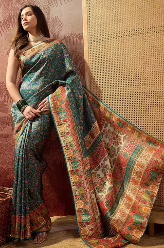 Teal viscose silk position print saree with contrast blouse piece