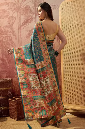 Teal viscose silk position print saree with contrast blouse piece