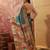Teal viscose silk position print saree with contrast blouse piece