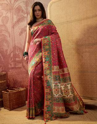 Pink viscose silk position print saree with contrast blouse piece 1