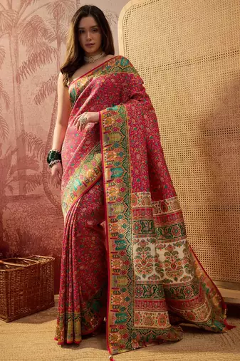 Pink viscose silk position print saree with contrast blouse piece
